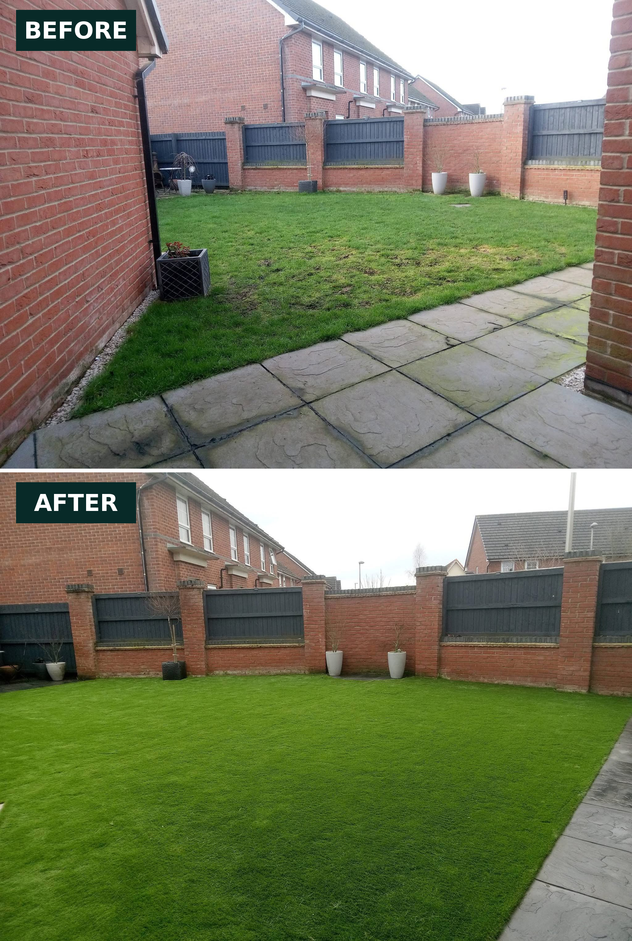 Dog-worn grass excavated and improved with soft, luxury long pile artificial grass in Moston, Sandbach