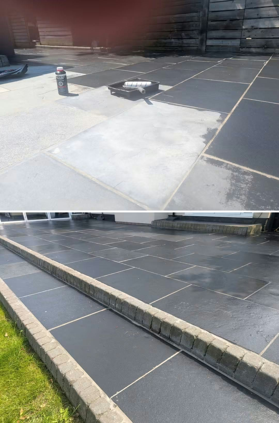 Large, weathered limestone patio lifted and relayed then sealed in Hassall, near Sandbach; giving it a new lease of life