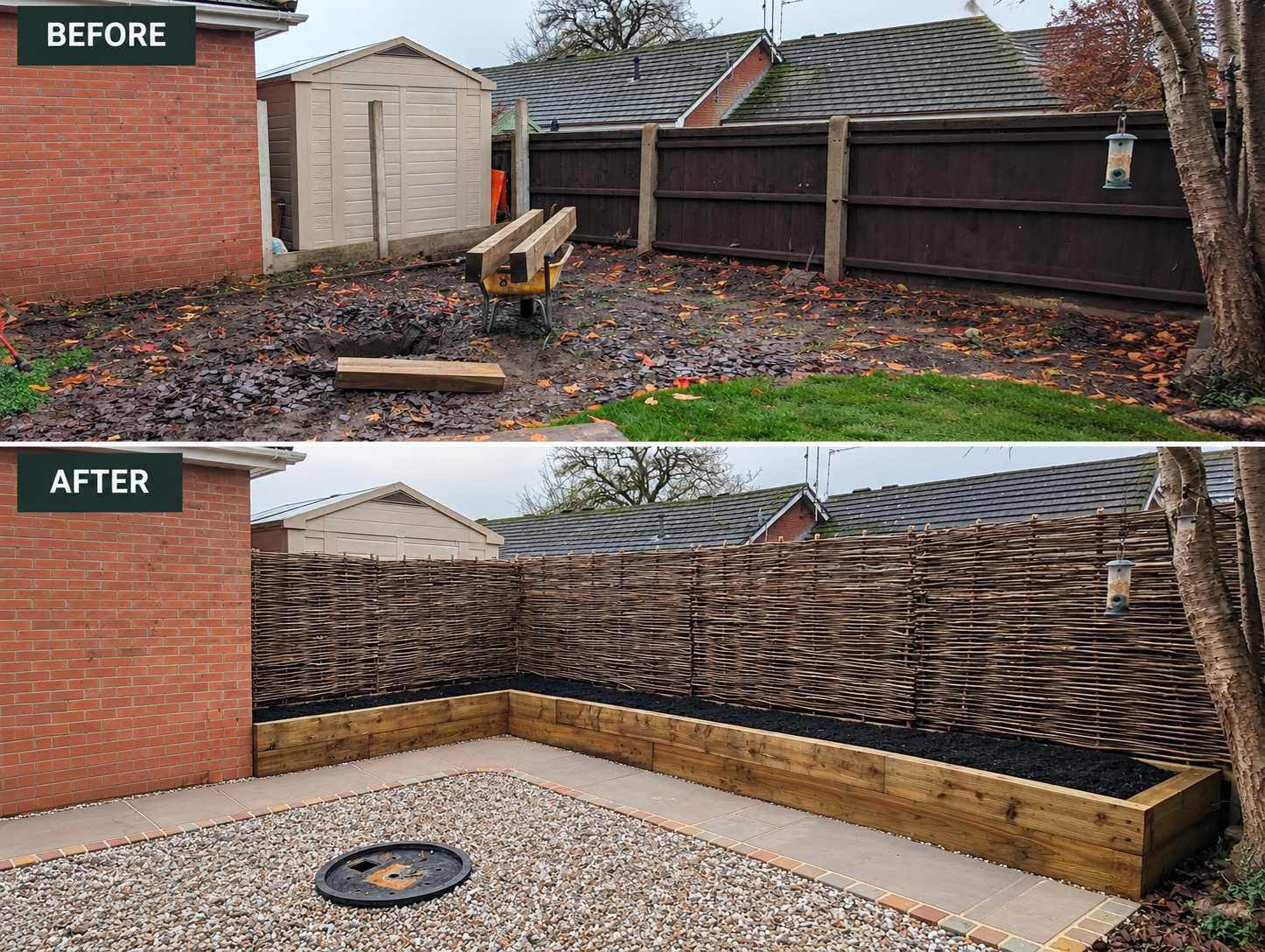 Potential realised of a lost, unloved corner of a garden in Alsager with hazel hurdle fence screen, raised bed, paved pathway and infrastructure for water feature.