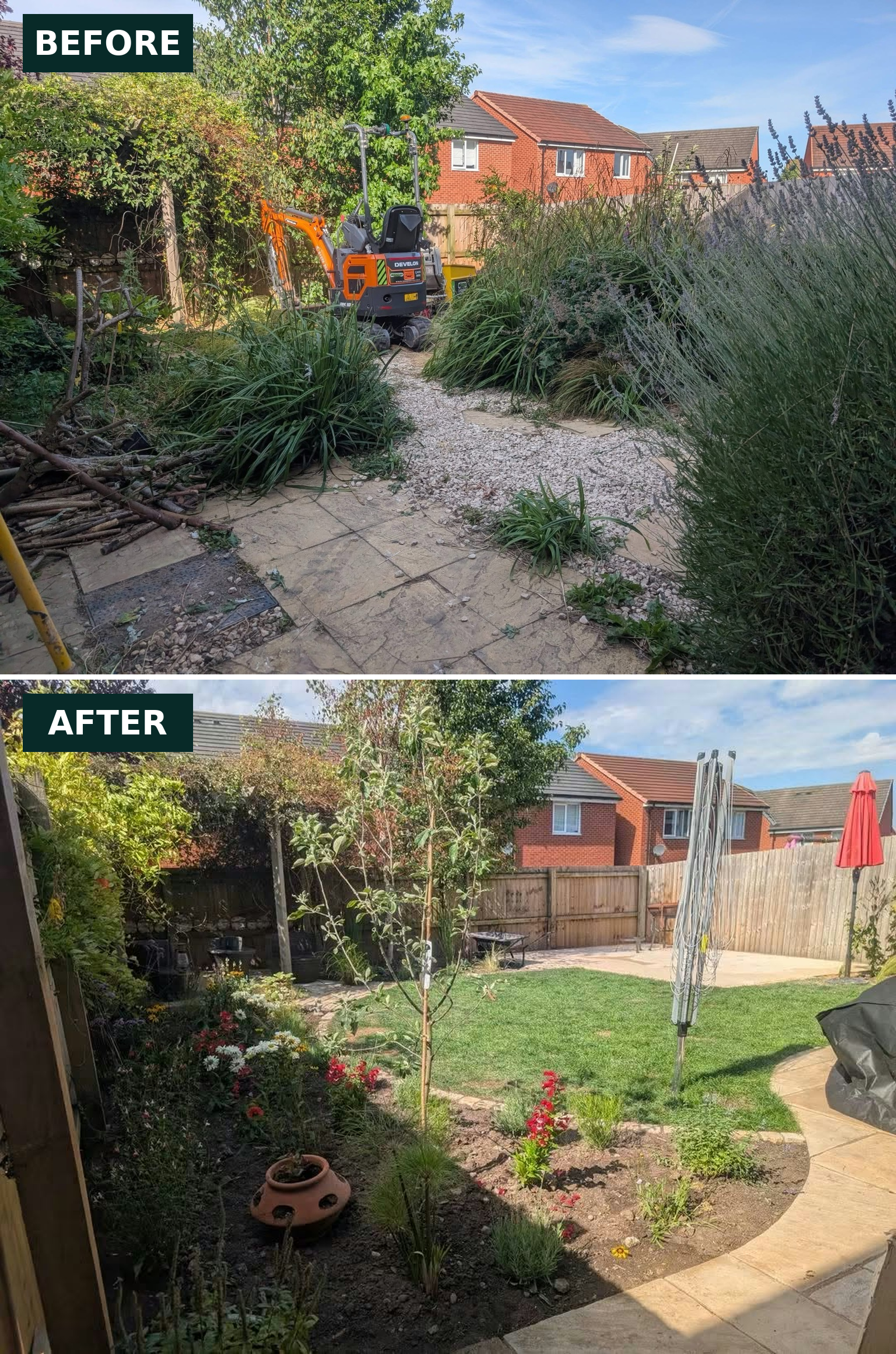 Overgrown, lost garden in Moston near Middlewich opened up with character of a vibrant planting scheme plus new lawn geometrically inlaid to traditionally pointed paving… plus much more