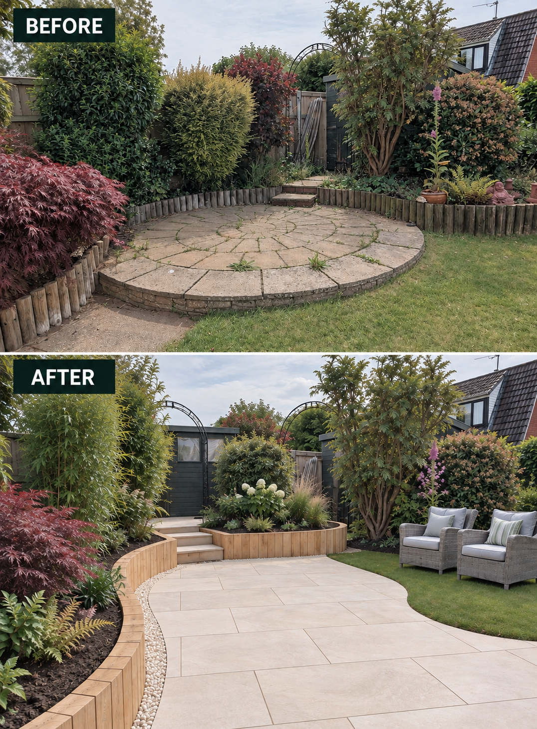 Inaccessible space, modernised for senior citizens in Crewe, with being porcelain paving and Oak sleepers retaining a planted border