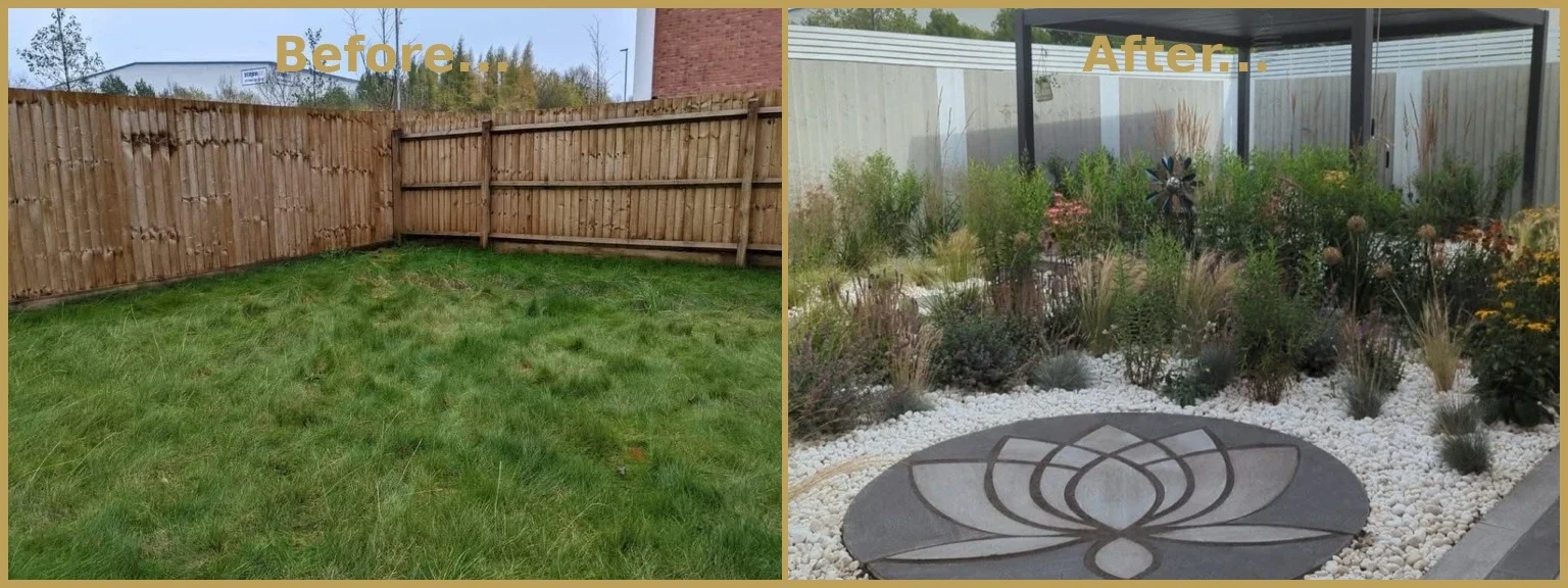 Before and after new build garden landscaping by Goodwin Gardens Ltd in Trentham, Stoke-on-Trent