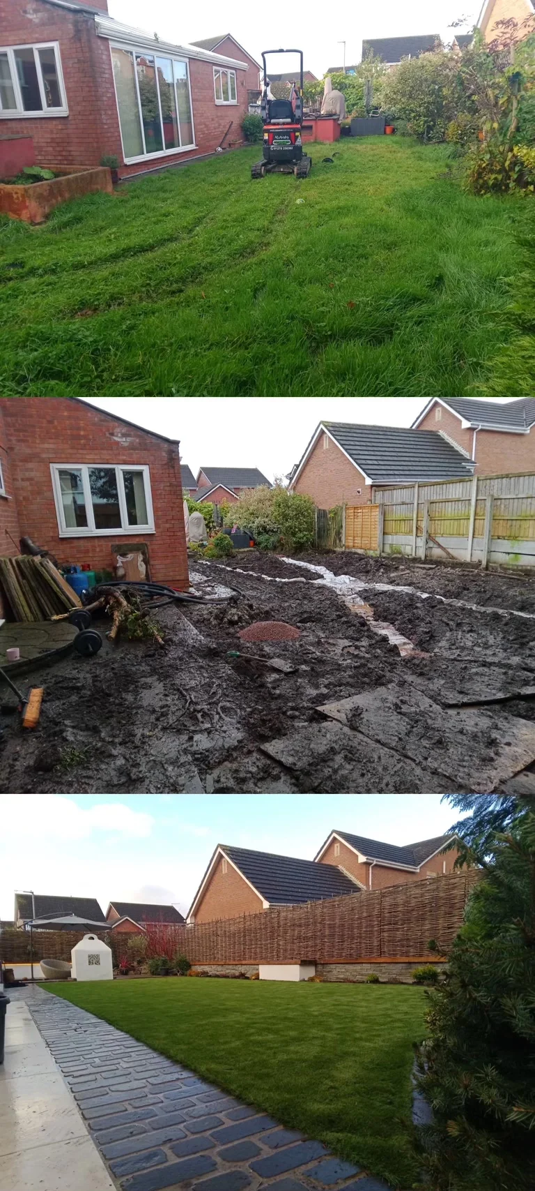 Before, during and after showing the stages of landscaping a garden in Leighton, Crewe from beginning to end.