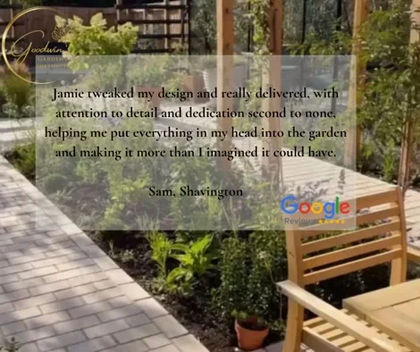 5 star client review for Goodwin Gardens Ltd showing their new garden in the background