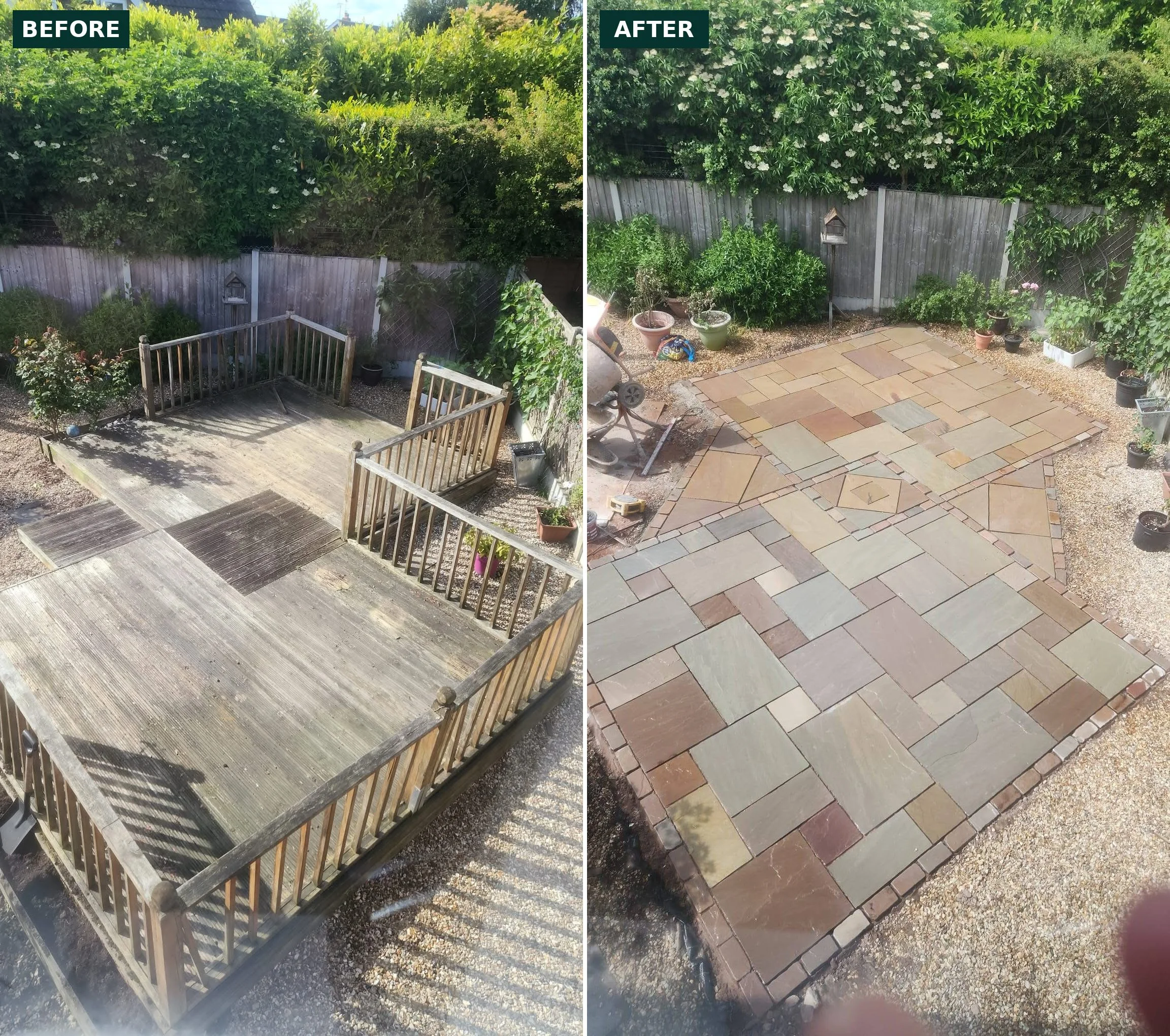 Well loved decking removed and replaced with autumn blend sandstone patio; crafted with character in Haslington