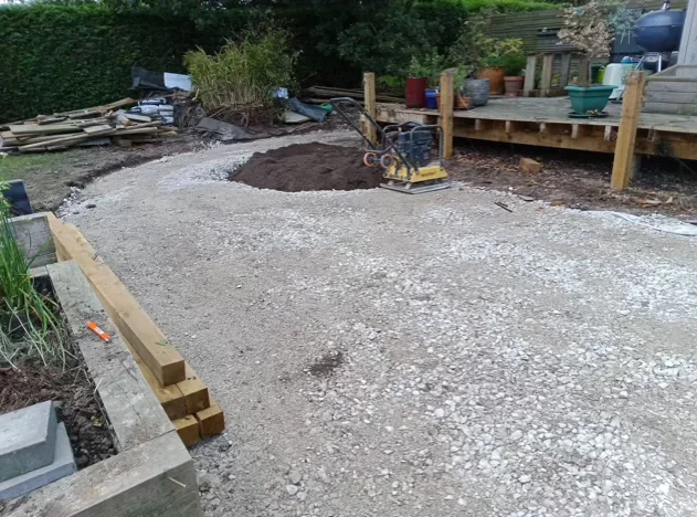 Garden landscaping following completion of groundworks with patio subbase in Sydney, Crewe