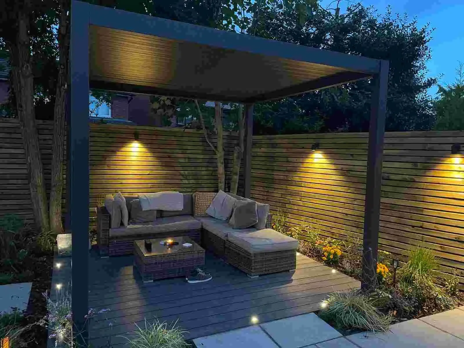 Aluminium pergola over decking with lighting in Elworth, Sandbach.