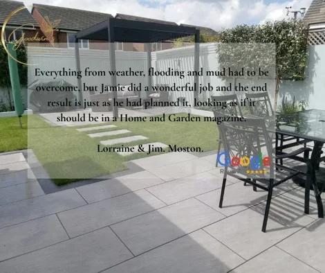 Five star client review showing their new garden completed in the background