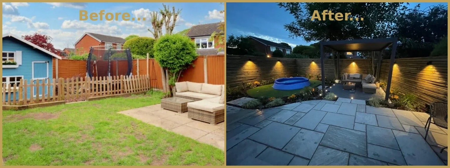 Massive family garden transformation in Elworth, Sandbach showing patio installation plus artificial grass, decking, pergola, Venetian fencing and stunning outdoor lighting