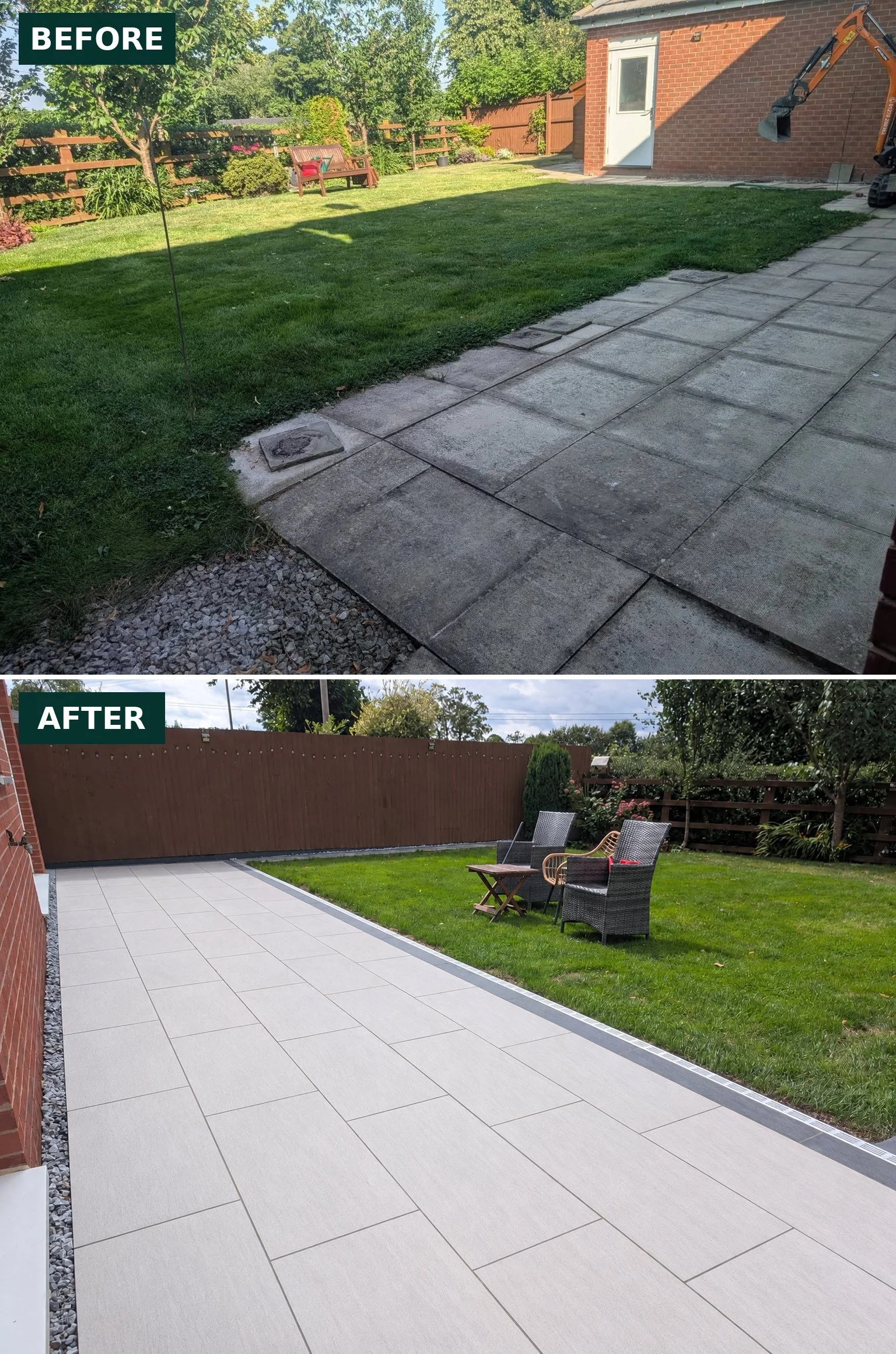 Upgraded outdoor space in Winterley near Sandbach with porcelain patio, high quality channel drains and anthracite edging