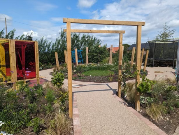 NANTWICH. Children's sensory garden design with planting, resin bound pathways, wildflower turf & more.