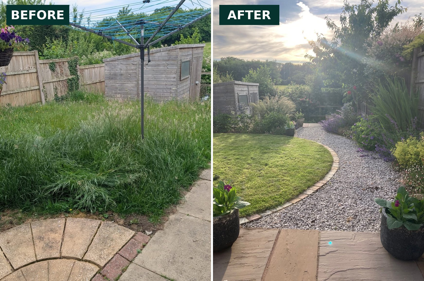 Full garden remodelled in Crewe. Split level garden with reclaimed brick walling plus meandering paths, sensory planting scheme and more!