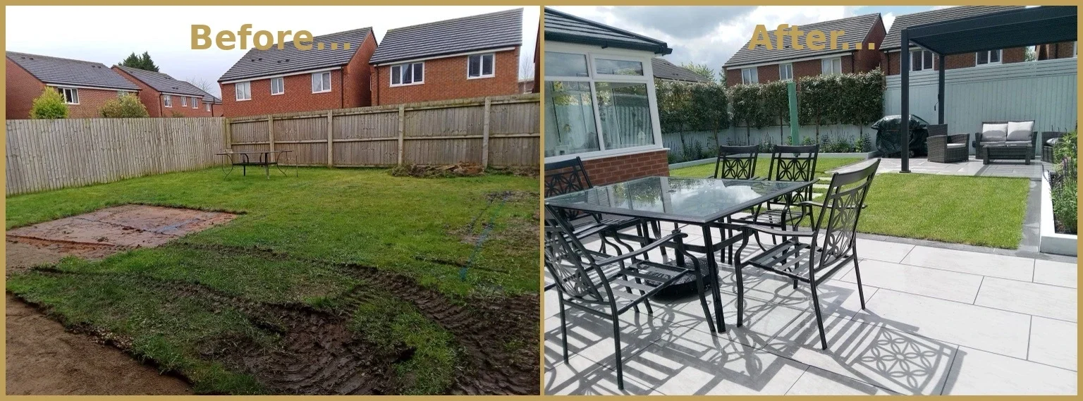 Before and after comparison showing new build garden transformation by Goodwin Gardens Ltd in Moston, Sandbach