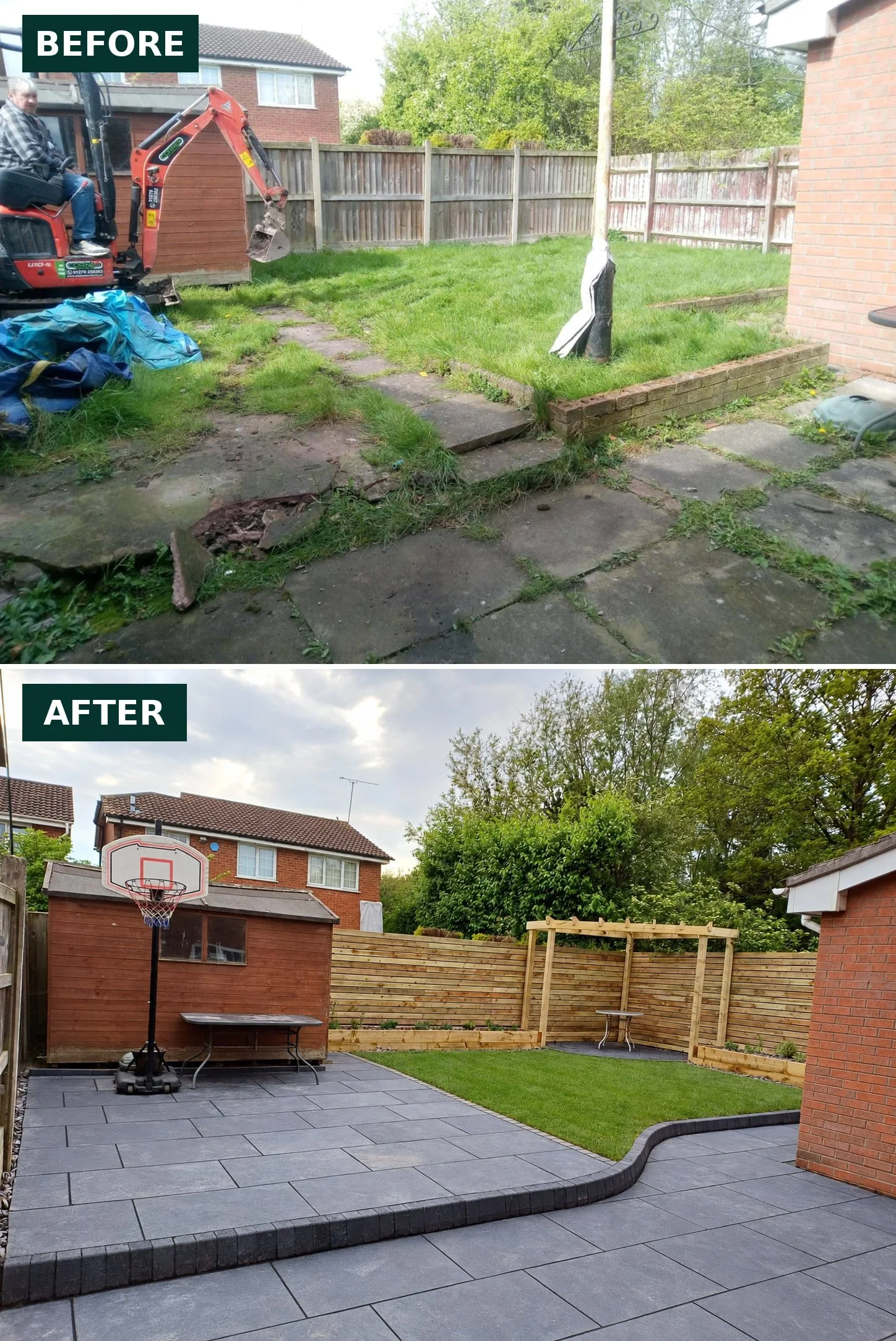 Family garden designed and built in Sydney, Crewe. Split level garden with limestone paving, Venetian style fencing, bespoke pergola and more.