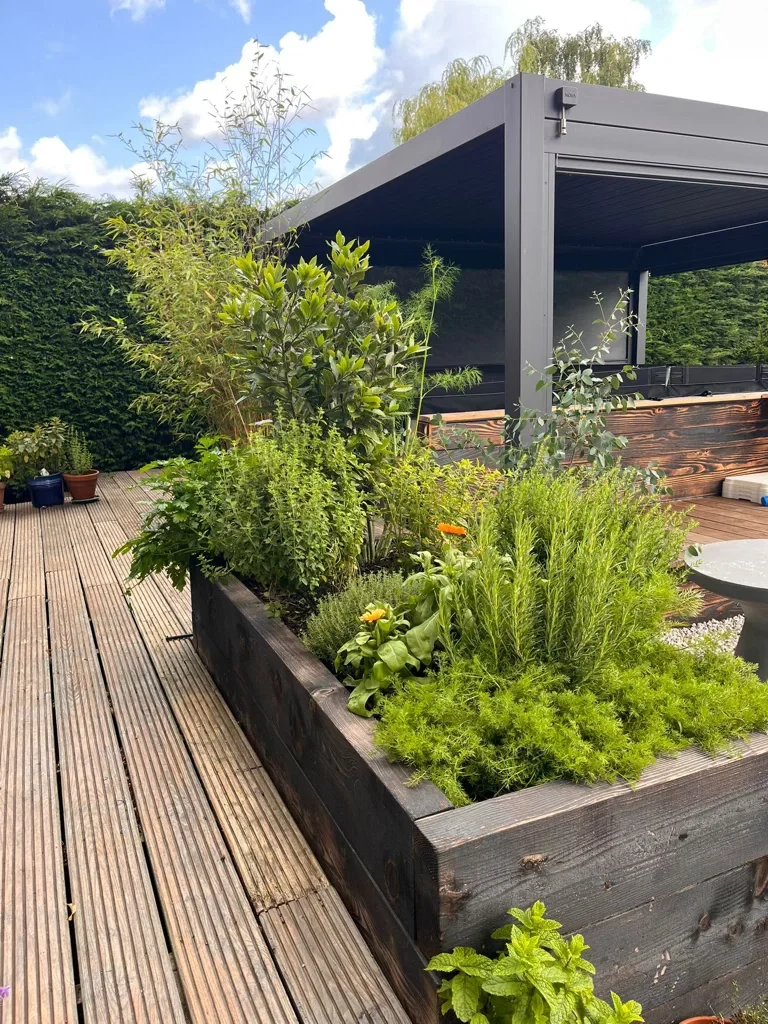 Charred timber planters with pergola and decking in the background featured within a garden design and build landscaping project in Crewe.