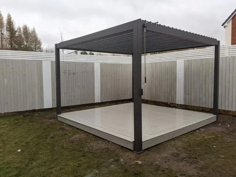 Aluminium pergola over composited decking during garden landscaping in Trentham, Stoke-on-Trent
