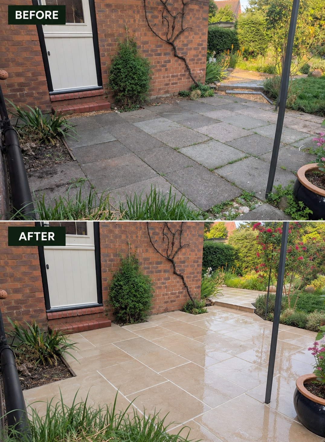 Outdated patio replaced with characterful Egyptian limestone in Elworth, Sandbach