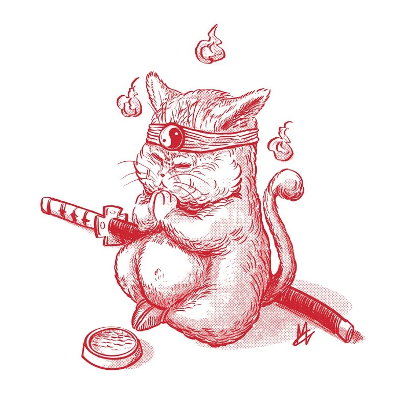 Cartoon drawing of a cat with a ninja headband, eye patch, holding a sword, surrounded by smoke and a small dish of food.
