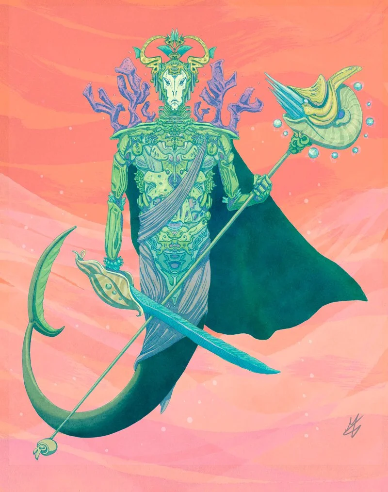 A fantasy illustration of triton or merfolk, green skin, and intricate armor. The creature has a elaborate shell made helmet and armour, purple coral branches grow on top of its shoulders. It holds a staff with a nautilus on top and a sword.