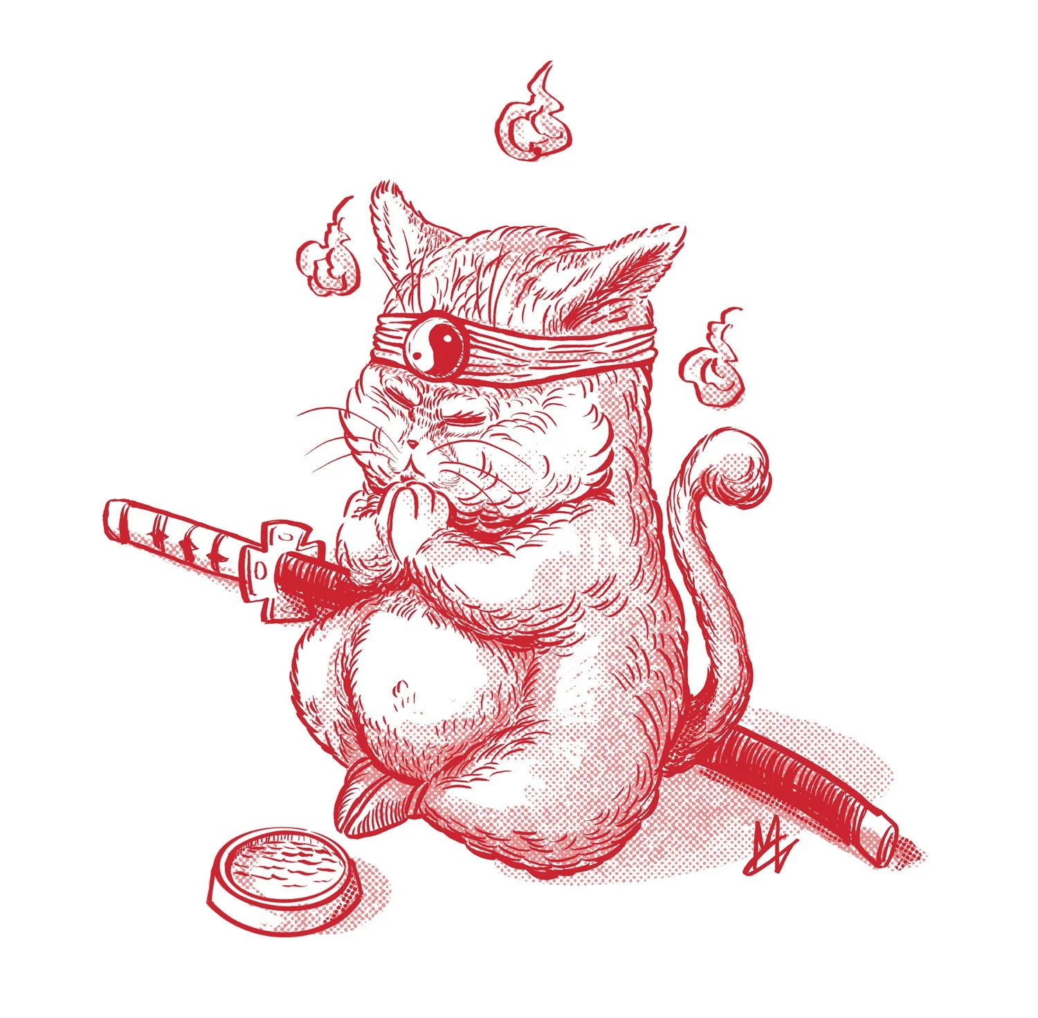 A cat dressed as a ninja with a yin-yang headband, holding a katana, sitting cross-legged with a coin and three small clouds or smoke puffs around it.