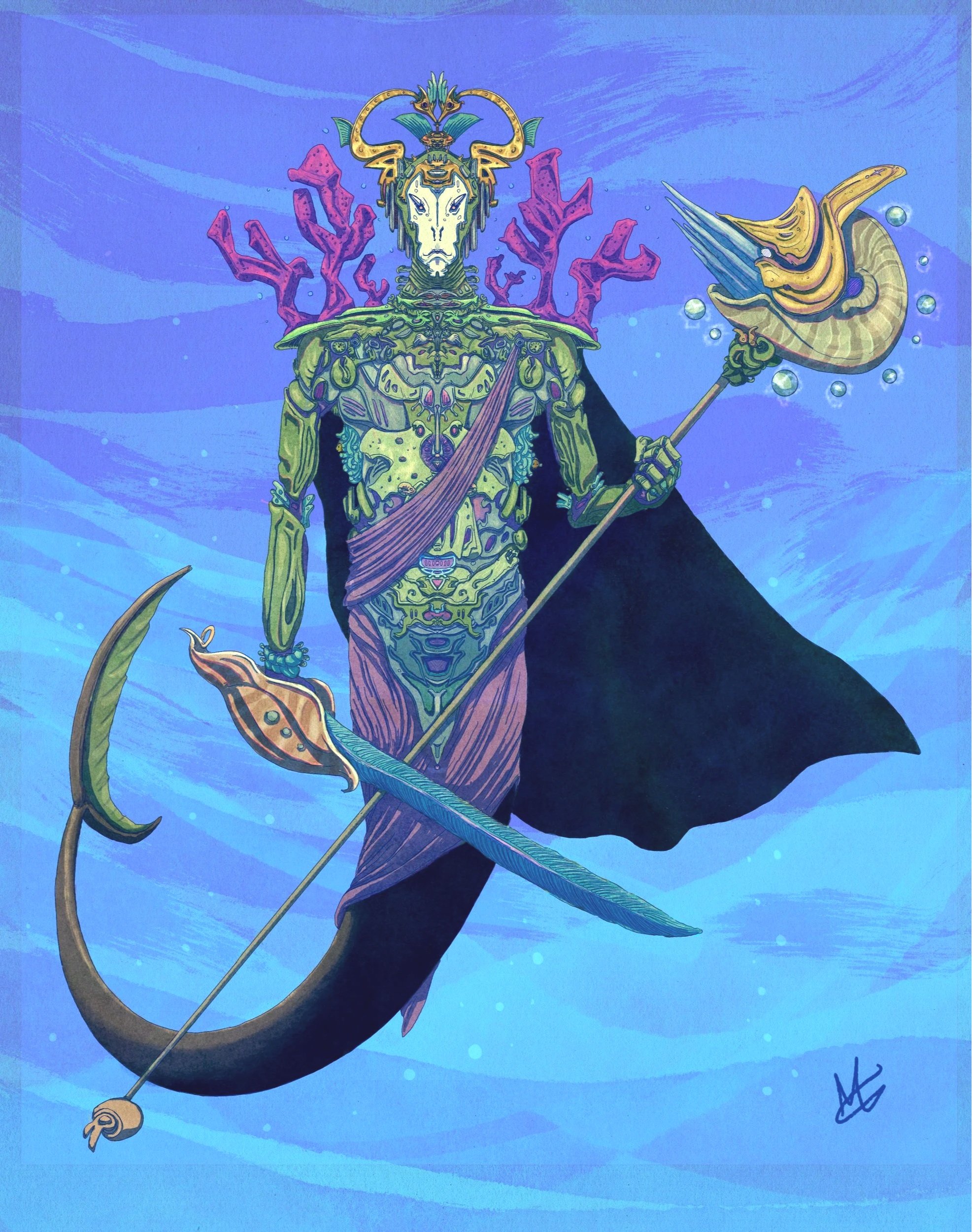 Tarot-style illustration of a triton or merfolk wearing a mask and green reef armor, with corals on its shoulder pads. Holds a whale-tooth sword and a magic staff topped with a nautilus. Ideal artwork for cards, board games, role-playing games, and a