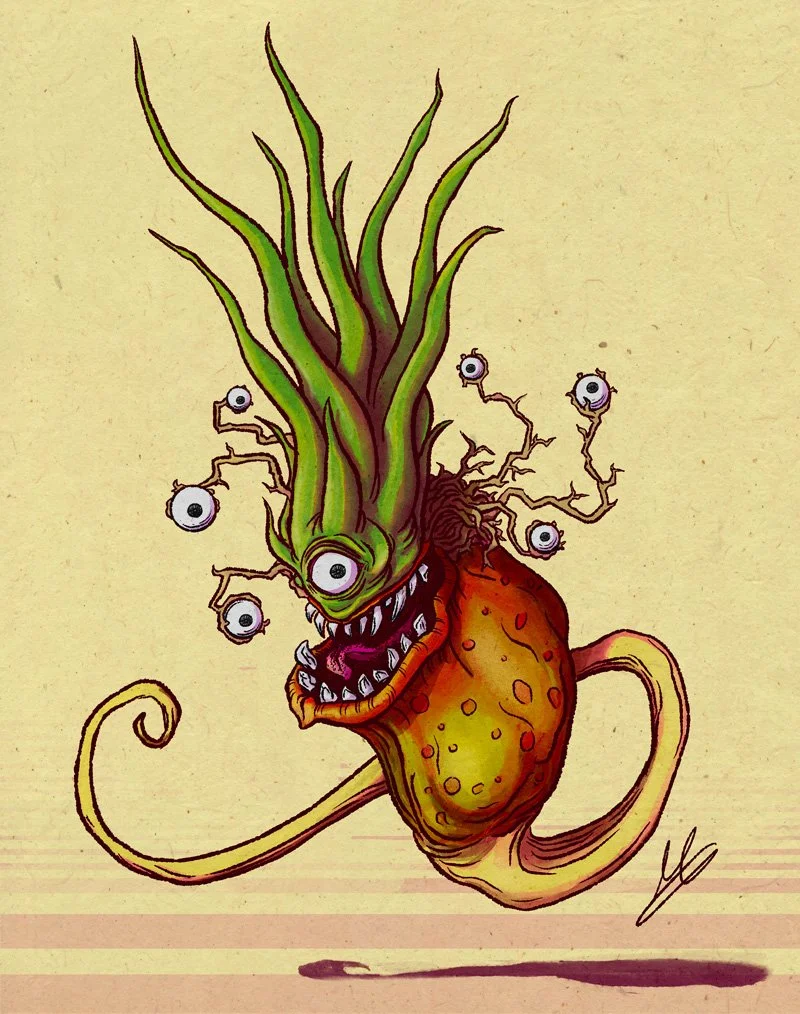A digital illustration of a carnivorous plant. It has a green aerial plant like top with long, pointed leaves, multiple eyeballs on stalks coming out from its head, sharp teeth, and a wrinkled, orange, fruit-like body with a long curled tail.