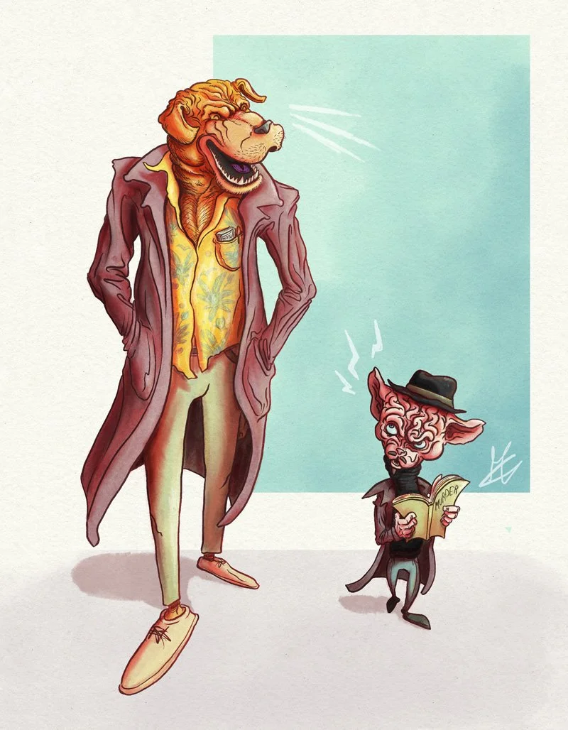 Illustration of two anthropomorphic animals, a sharpei dog and a sphynx cat, dressed in detective clothes. The dog is wearing a long coat, and a Hawaiian shirt, while the cat is wearing a hat, a coat, and reading a newspaper about a murder.