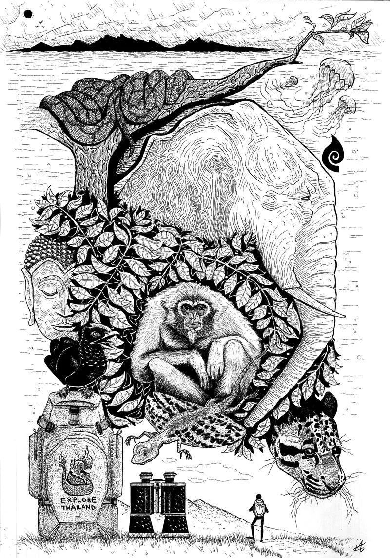 A black-and-white drawing of a person with a backpack observing a large surreal scene: a Gibbon sitting among leaves, a flying lizard, a clouded lepopard's face, an elephant, the island of Koh Tarutao, a piton and exploring gear. Explore Thailand!