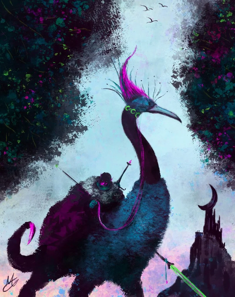 A fantasy scene with a large steed resembling an ostrich, with vibrant pink and purple feathers on its head and a long beak, standing in a mystical landscape. A dark elf with a Spear and Sword is its rider.