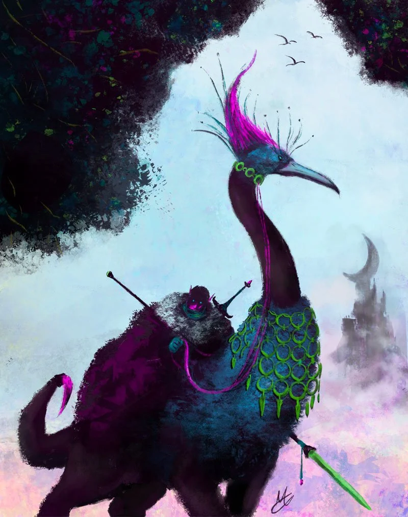 A dark elf sentinel rides a demonic steed at the edge of a forest. On the background, a fortress in the fog. 