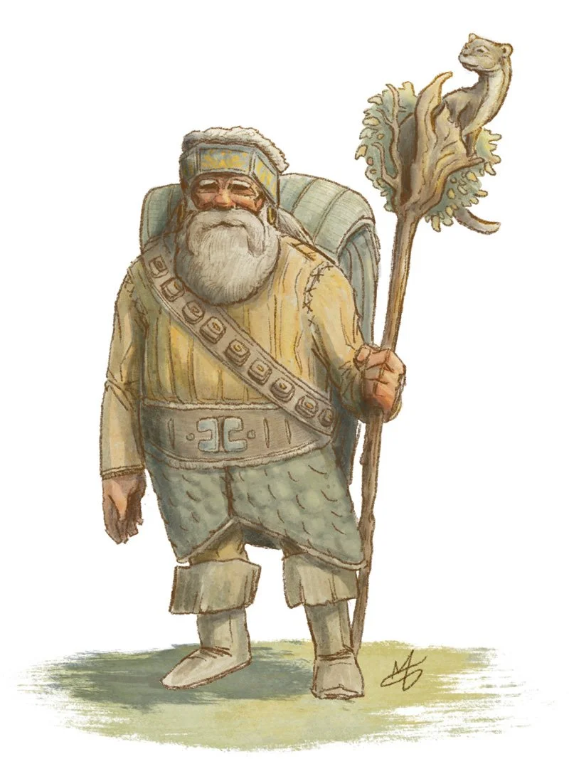 Illustration of an old man or dwarf resembling a wizard, sage, or druid, with a white beard and dressed in ancient or fantasy-style clothing, holding a staff with a weasel and leaves on top of it.