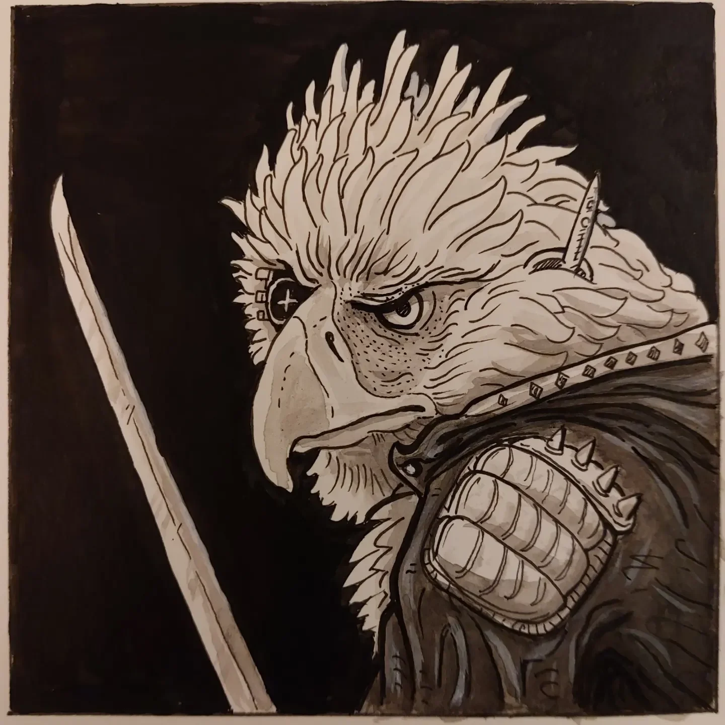 Ink-on-paper comic-style illustration of an anthropomorphic monkey-eagle hybrid, equipped with a monocular targeting glass and a katana, poised to face its enemy. Dynamic fantasy artwork blending animal traits with warrior elements, perfect for comic
