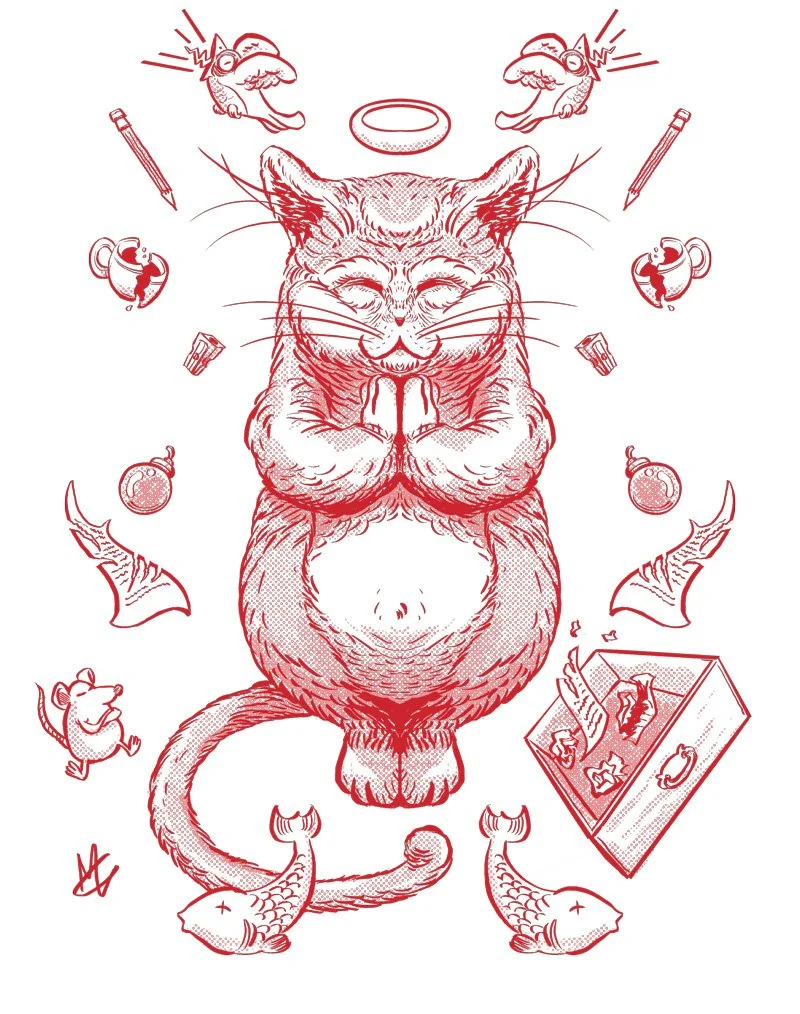A mirror image drawing of a cat with closed eyes, surrounded by various objects like fish, mice, a box of toys, and accessories, all illustrated in red.