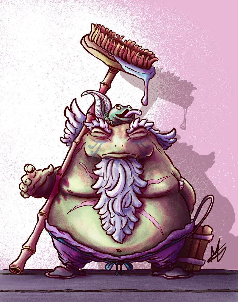 A cartoon-style train frog-like character with a long beard and a large belly, holding a mop with thick wet bristles that is dripping water. The character appears to be smiling and is standing against a pink background with a shadow cast by the mop.