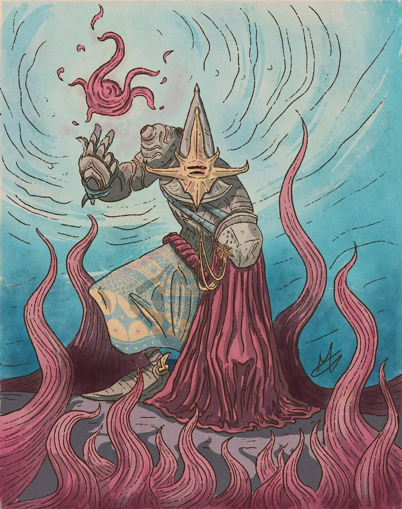 A fantasy illustration of a humanoid creature with a star mask, armor, and ornate clothing, surrounded by pink tentacle-like magic energy, with a swirling blue background.