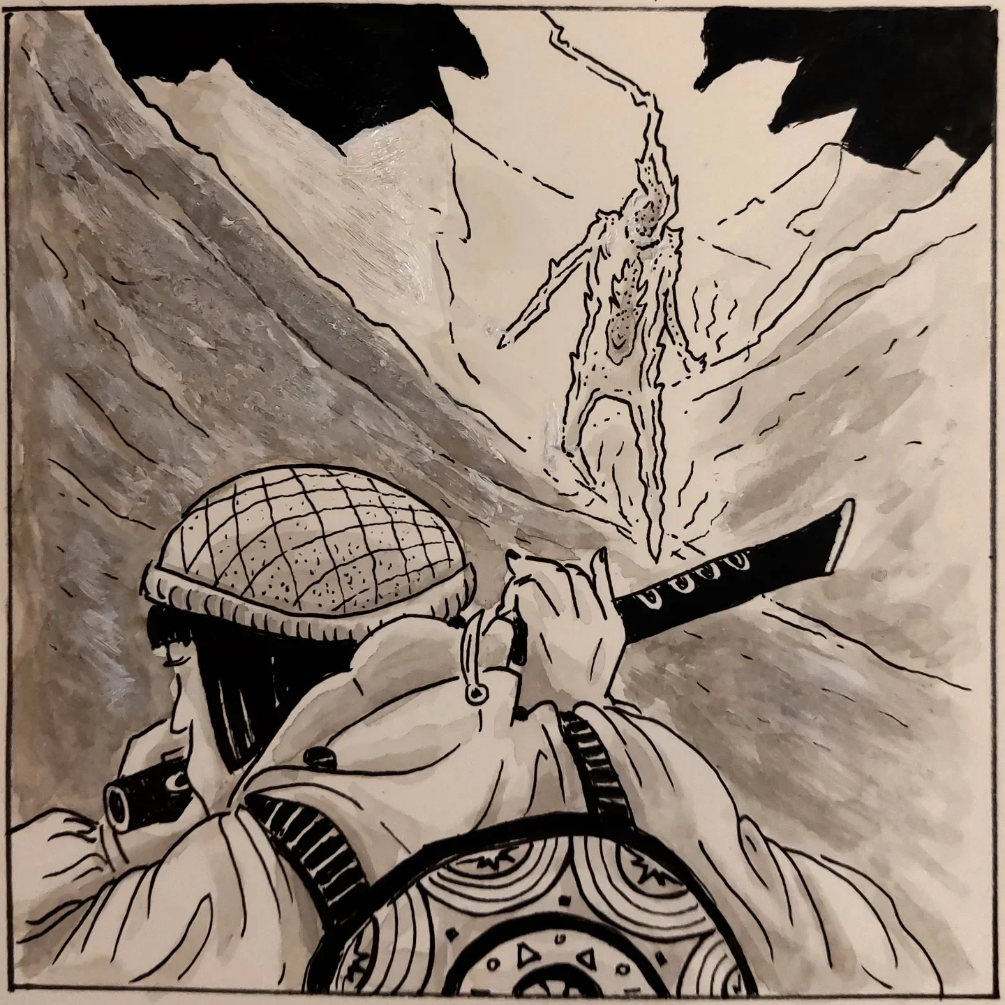 Ink-on-paper comic-style illustration of an oriental woman wearing a docker hat, playing a transverse flute in a mountain landscape. A creature made of flame approaches, seemingly reacting to her music. Dramatic and whimsical artwork blending fantasy