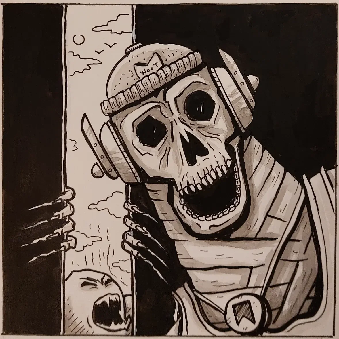 Ink-on-paper comic-style illustration of a skeleton dressed in urban streetwear with a docker hat, smiling confidently. Behind him, doors are closing as a monster tries to break through. Dynamic, humorous artwork blending urban fashion with fantasy a