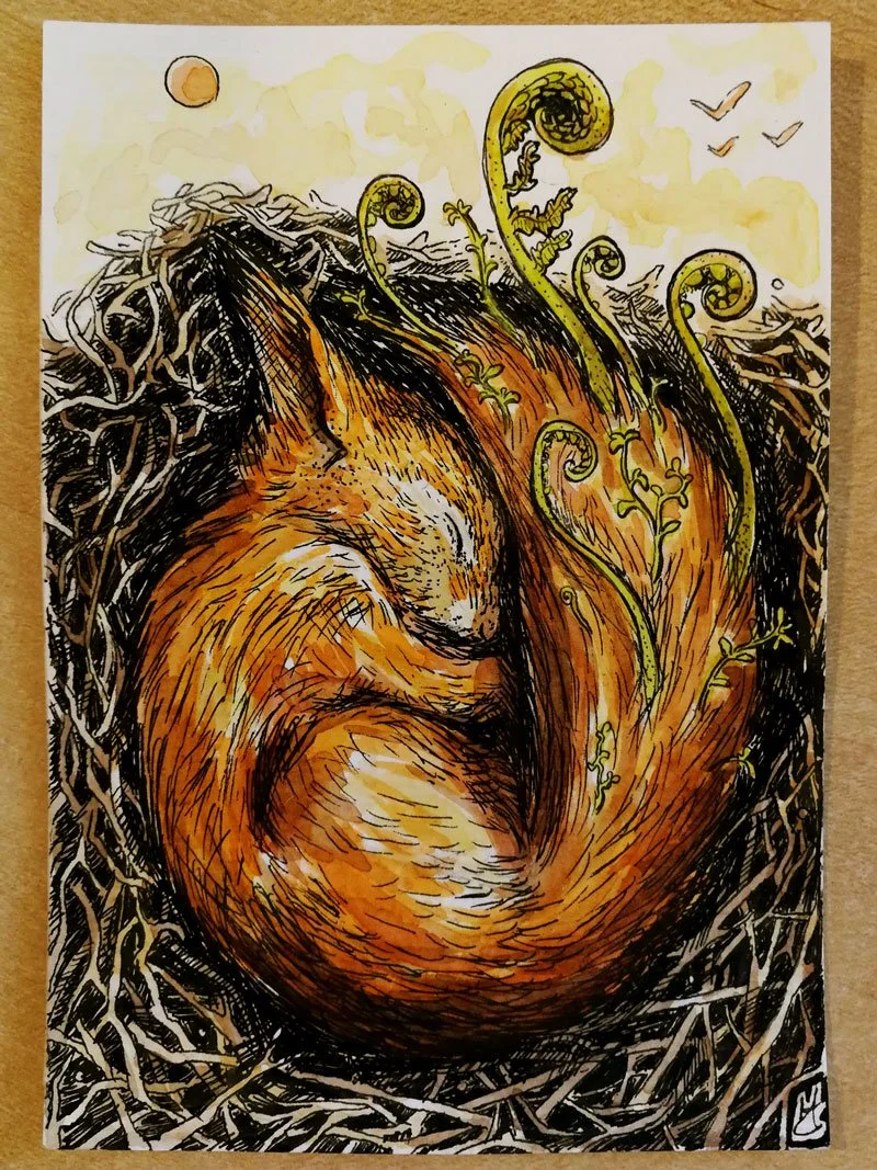 A Squirrel is sleeping in a nest. Its tail is blooming, generating plants. On the horizon the golden hour is visible, and birds fly.