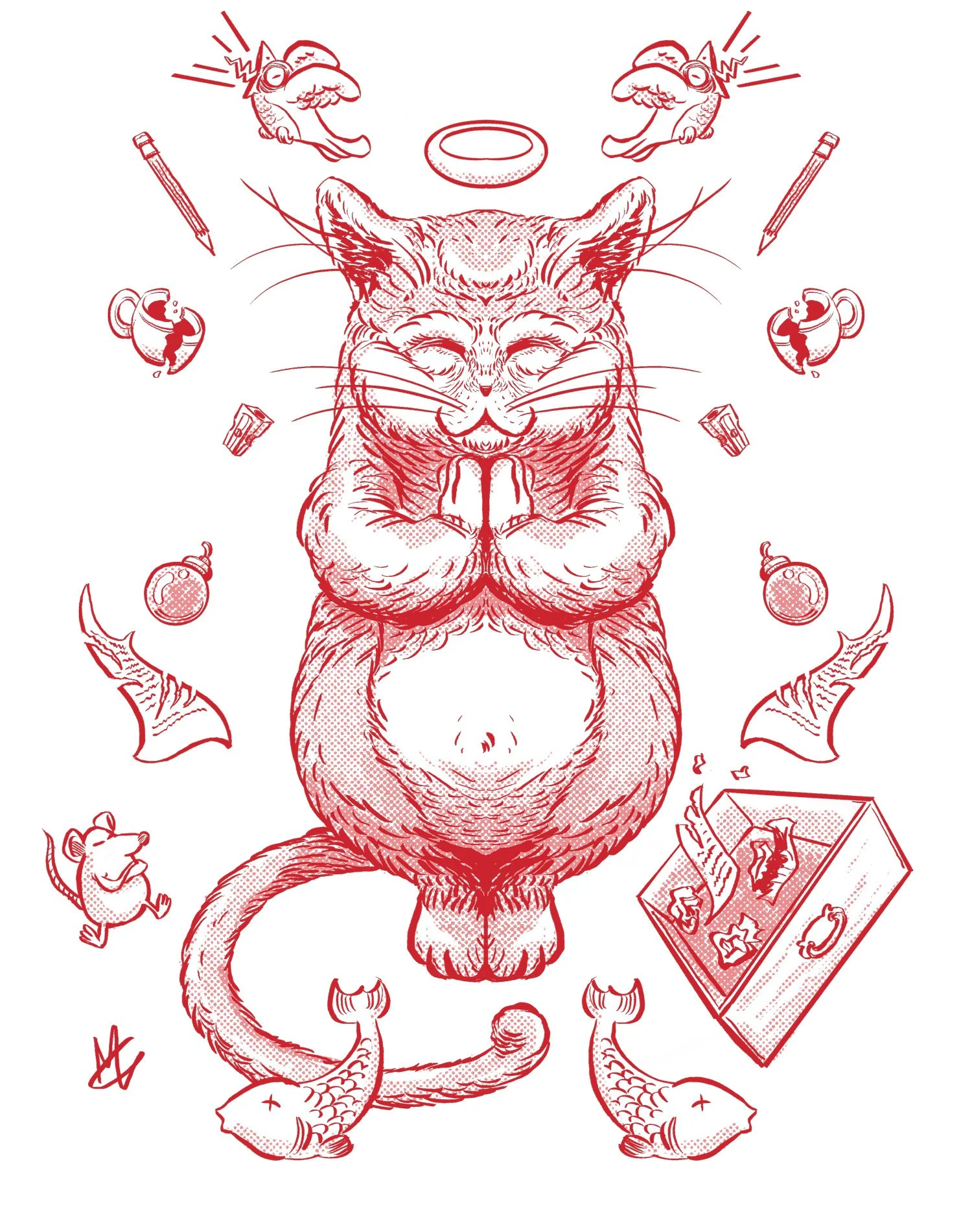 A detailed red line drawing of a cat with its paws together in a prayer-like pose surrounded by various objects, including fish, a mouse, a box with mice, a cup, a pen, a disc, and other items.