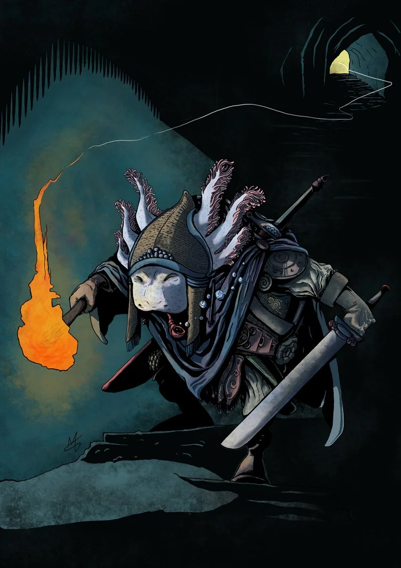 A fantasy illustration of a Axolotl adventurer, wearing a medieval helmet, carrying a torch and a sword, inside a dark cave with a small opening showing light outside.
