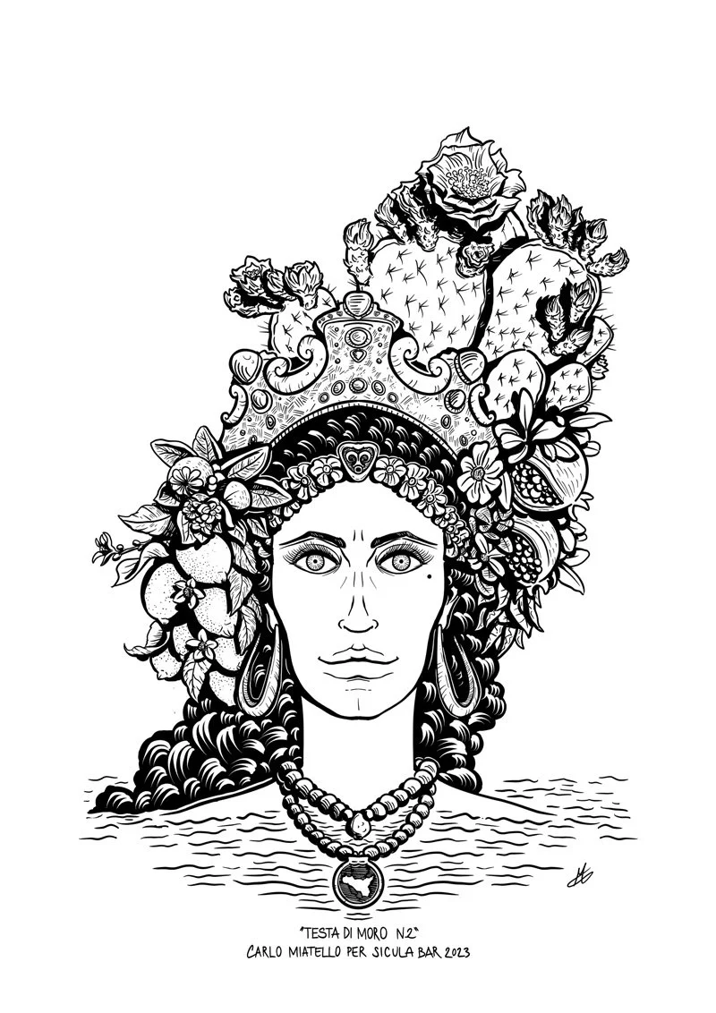 Black and white illustration of a sicilian Moorish Head, T“Testa di Moro“: a woman with detailed jewelry, a large headdress decorated with cacti, flowers, and fruit, and water at the bottom.