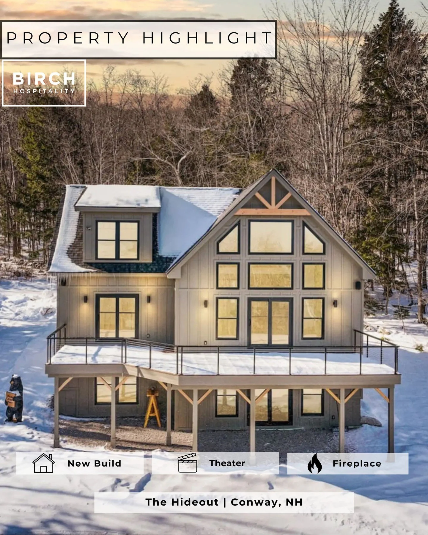 ✨ PROPERTY HIGLIGHT! ✨

Welcome to The Hideout, a brand-new (2024) luxury retreat in Conway, New Hampshire, set on 5 private acres surrounded by over 100 acres of conservation land. This modern mountain escape perfectly blends comfort, privacy, and s