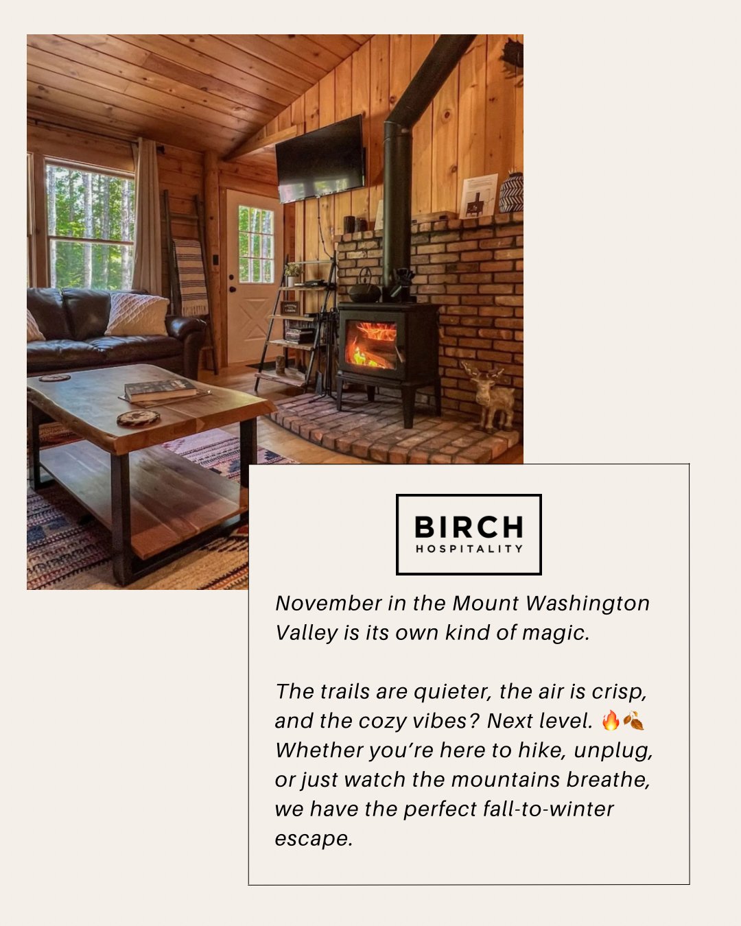 Welcome to that in-between season where the leaves have fallen, the trails are yours, and the fire&rsquo;s always crackling. 🔥 
📍Mount Washington Valley

Plan your escape ⬇️ 
www.birchrentals.com

#NorthConwayNH #CozyCabinV #WhiteMountainsRetreat #