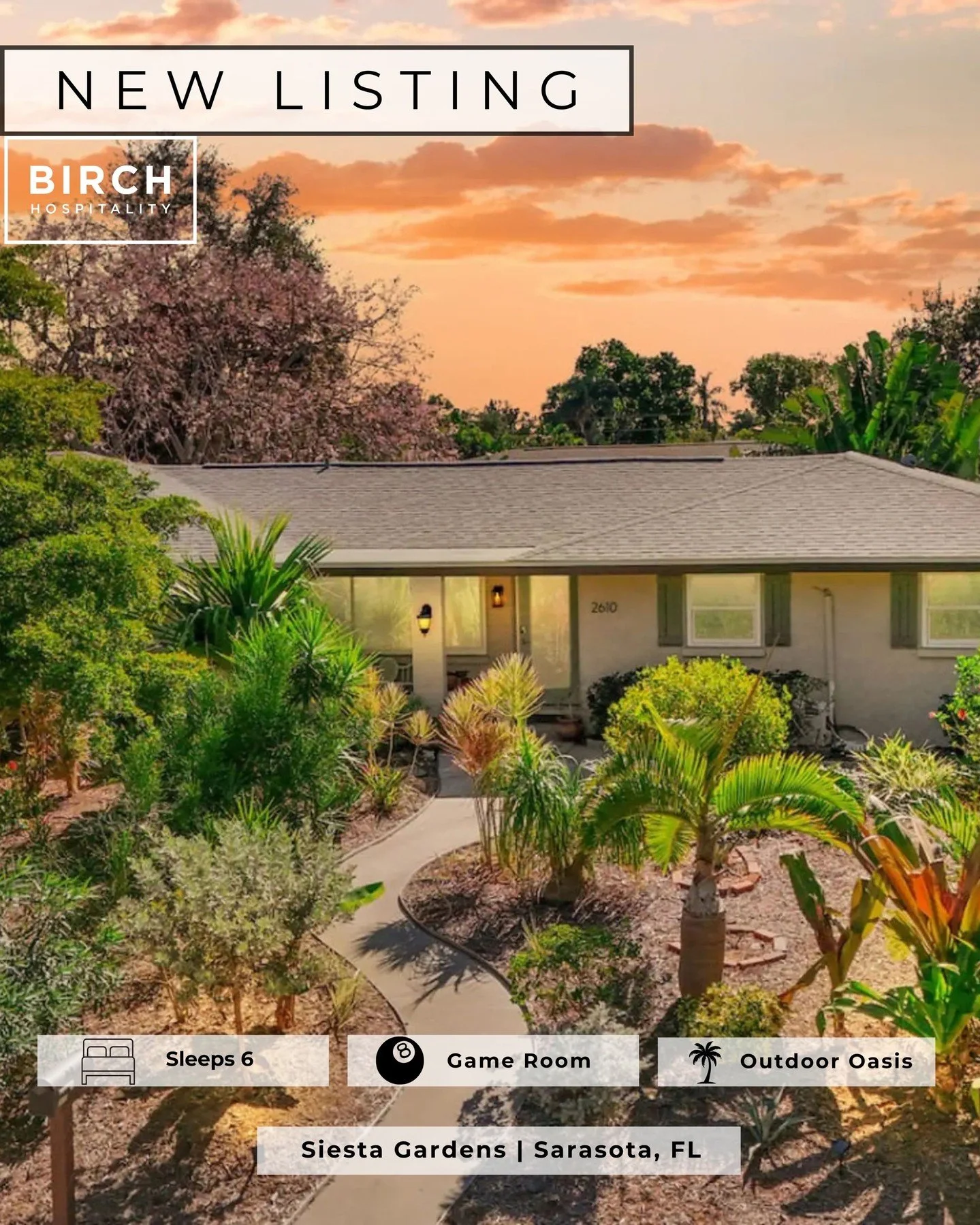 ✨ HIGHLY ANTICIPATED NEW LISTING! ✨

Welcome to Siesta Gardens, a private tropical retreat in sunny Sarasota, Florida &mdash; where modern comfort meets lush surroundings just minutes from beaches, parks, and downtown. 🌴

Key Features:
✨ 3 bedrooms 