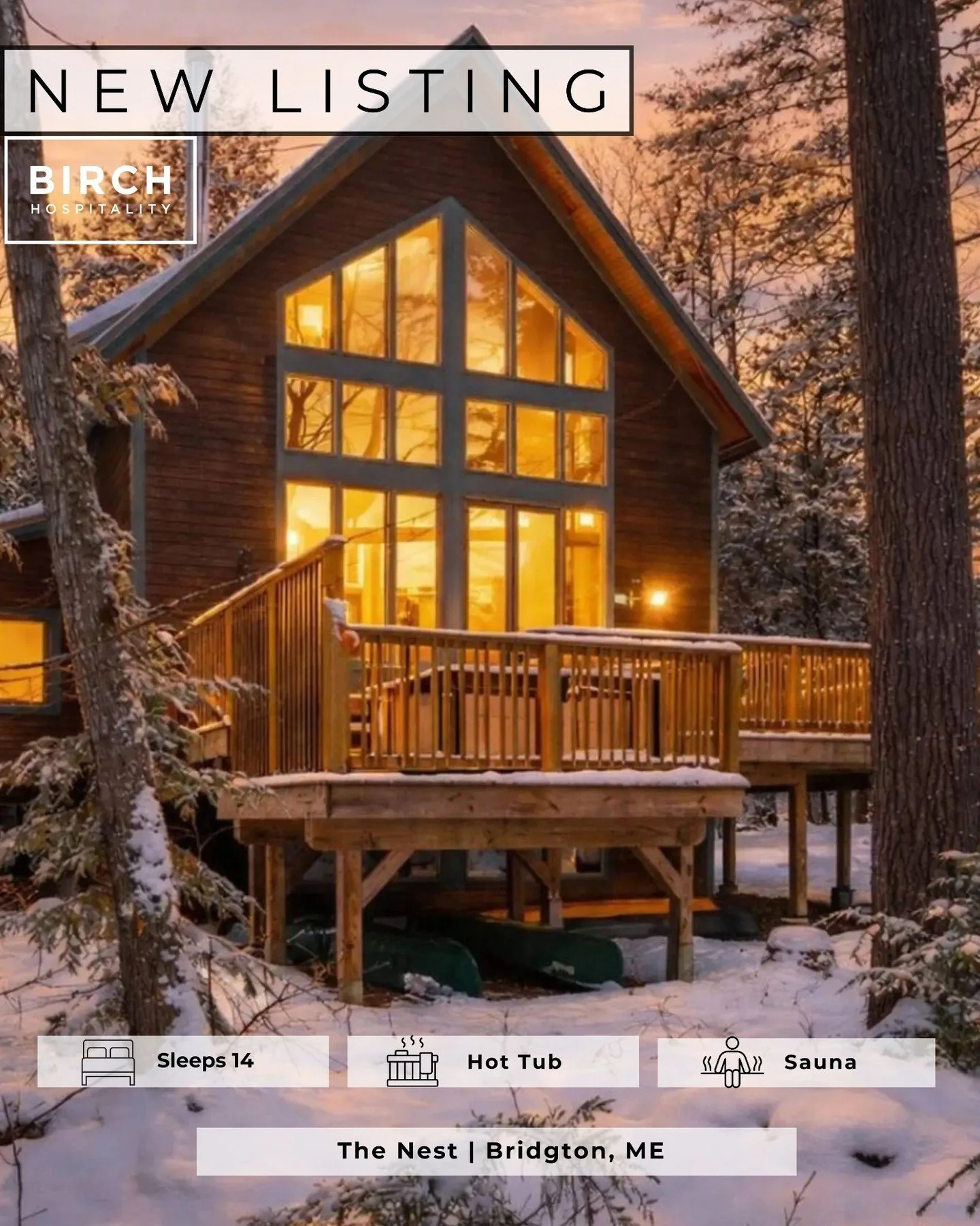 ✨ NEW LISTING ✨

Welcome to The Nest &mdash; an elevated mountain cabin experience tucked among the pines of Bridgton, Maine. With soaring cathedral ceilings, wall-to-wall windows, and cozy gathering spaces throughout, this retreat is built for unfor