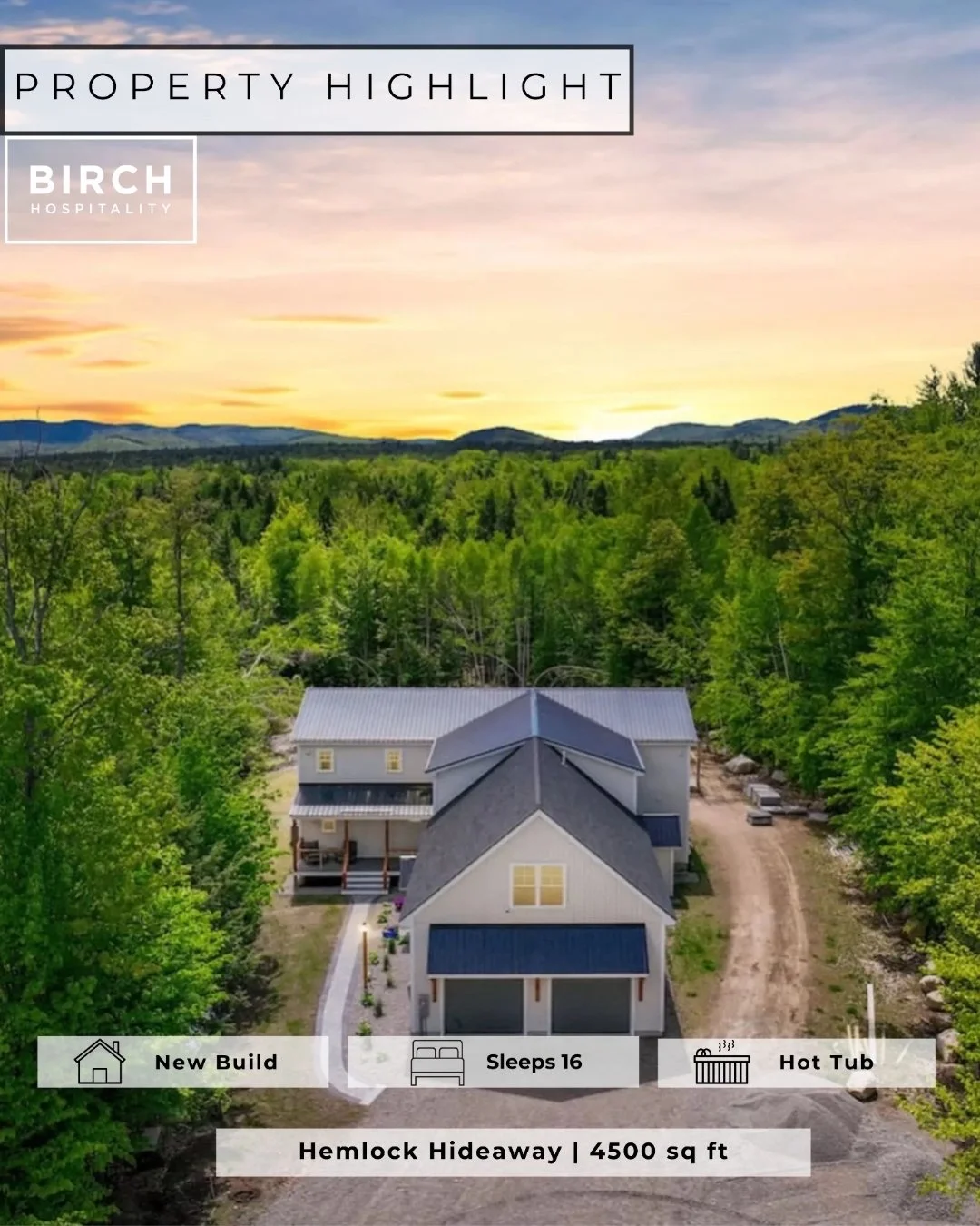 ✨ PROPERTY HIGHLIGHT ✨

Welcome to The Hemlock Hideaway &mdash; a luxurious 4,400+ sq ft retreat nestled in the heart of the White Mountains. Designed for elevated group getaways, this stunning custom home blends modern comfort, upscale finishes, and