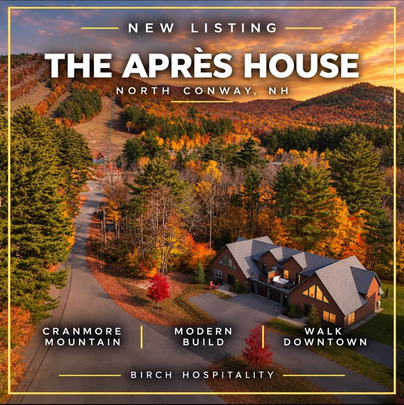 🏔️ NEW LISTING | THE APR&Egrave;S HOUSE 🏔️ 

North Conway, New Hampshire

Welcome to The Apr&egrave;s House, where mountain adventures meet elevated comfort. This beautiful 4-bedroom, 4-bathroom home sleeps up to 11 guests and puts you within walki