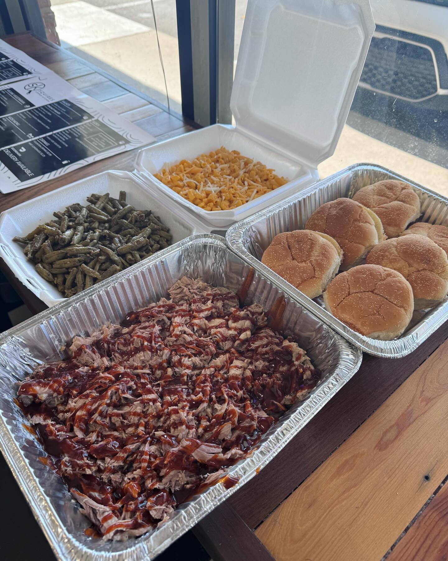 $34.99 pulled pork family meal only at squires corner kitchen. Feeds 5-6. Perfect for that weeknight dinner, office lunches, or game day tailgates! Help me spread the word and share this post !