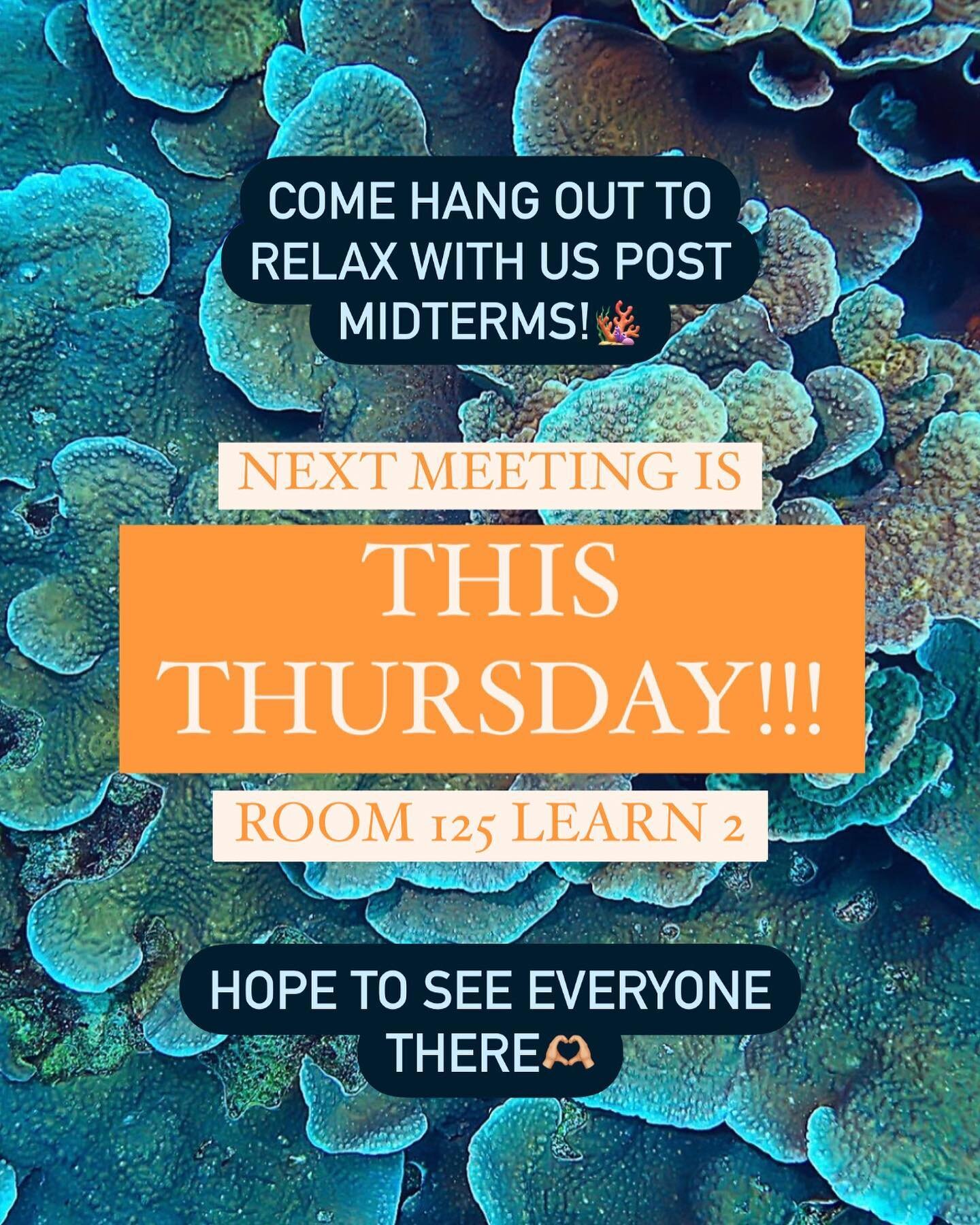Next meeting this Thursday in room 125 ‼️ I accidentally said room 225 in my last post so scratch that! Snacks will be provided ☺️ hope to see you guys there 🫶🏼🪸