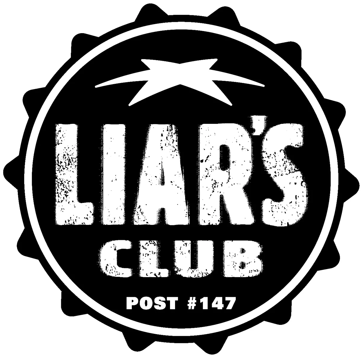 Black and white logo for Liars Club, featuring a circular shape with a star and textured lettering, with the text 'POST #147' at the bottom.